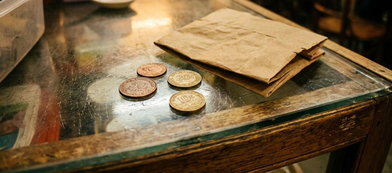 A few Singapore coins and a folded brown paper bag on a worn glass counter