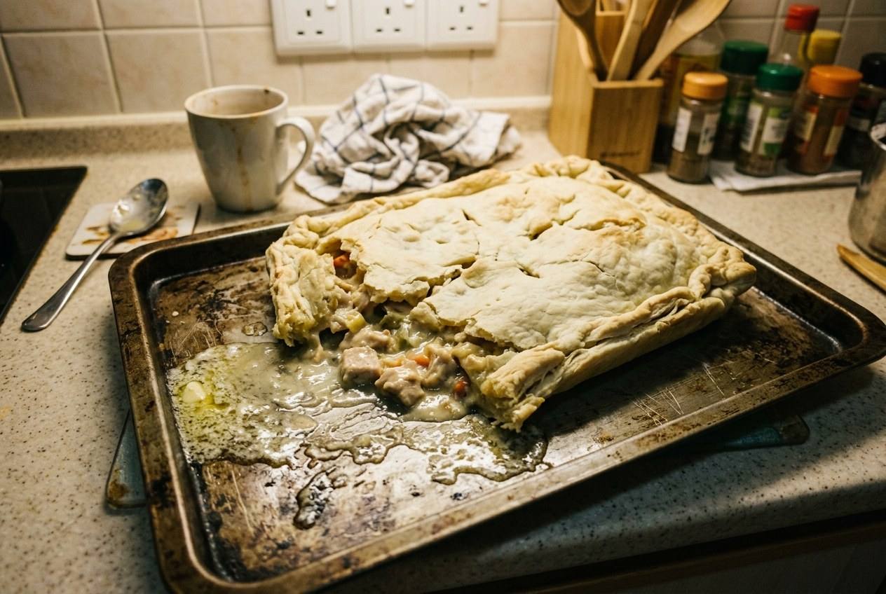 A homemade puff pastry pie on a tray with filling leaking out and butter pooled around it