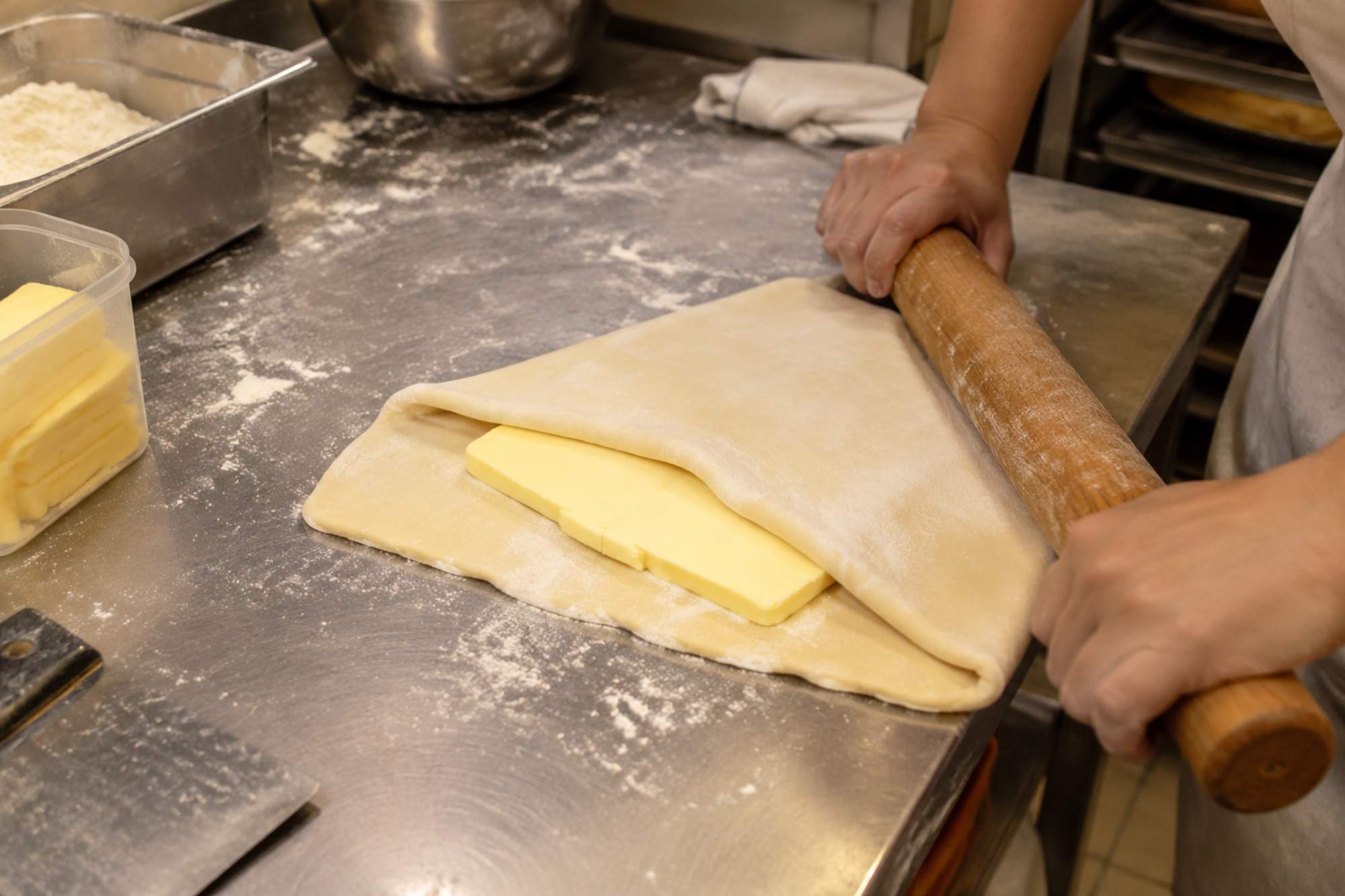 A slab of cold butter being enclosed in pastry dough with a wooden rolling pin on a steel bench