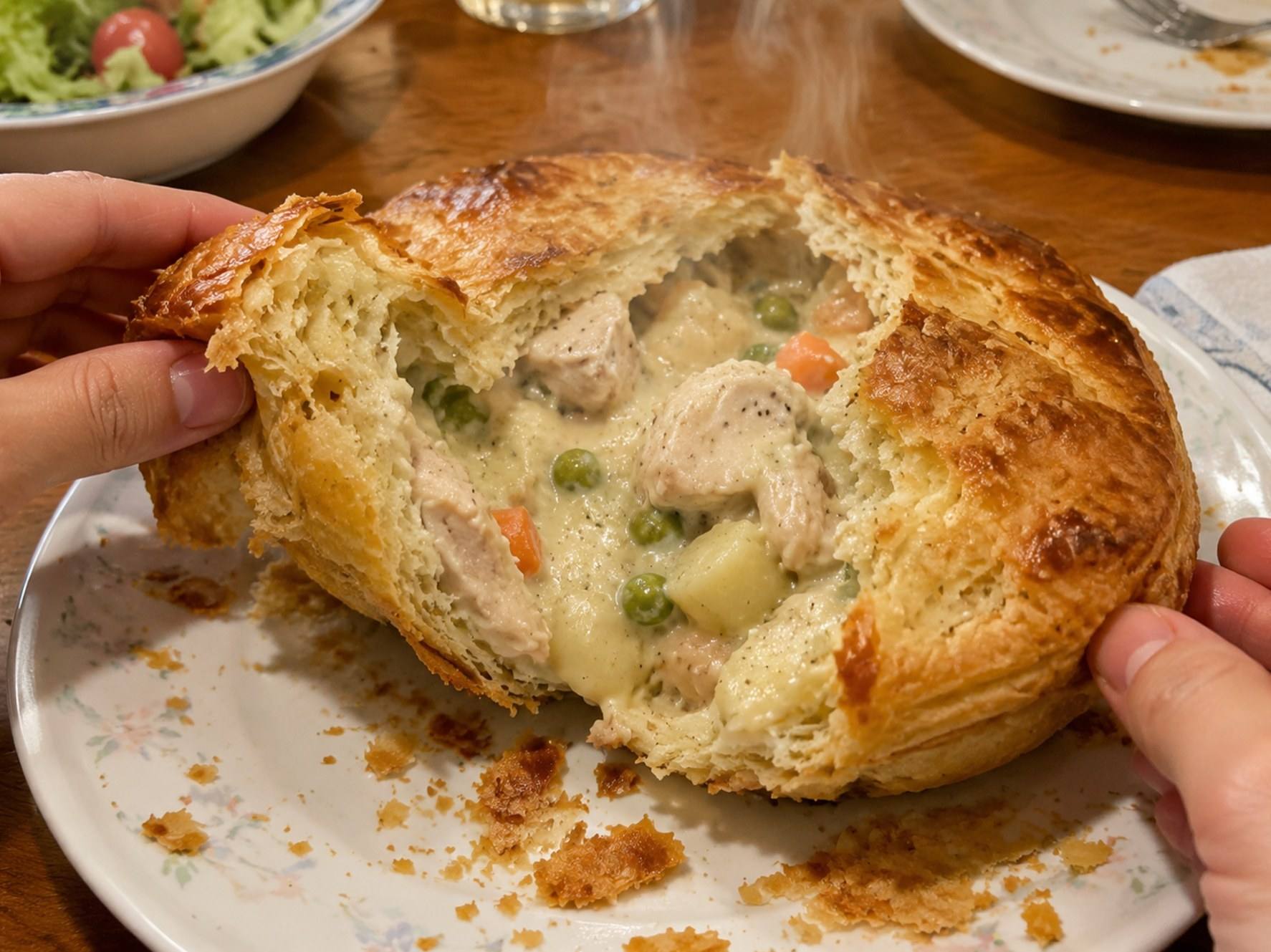 A flat puff pastry chicken pie torn open, showing creamy filling with chicken, peas and carrot