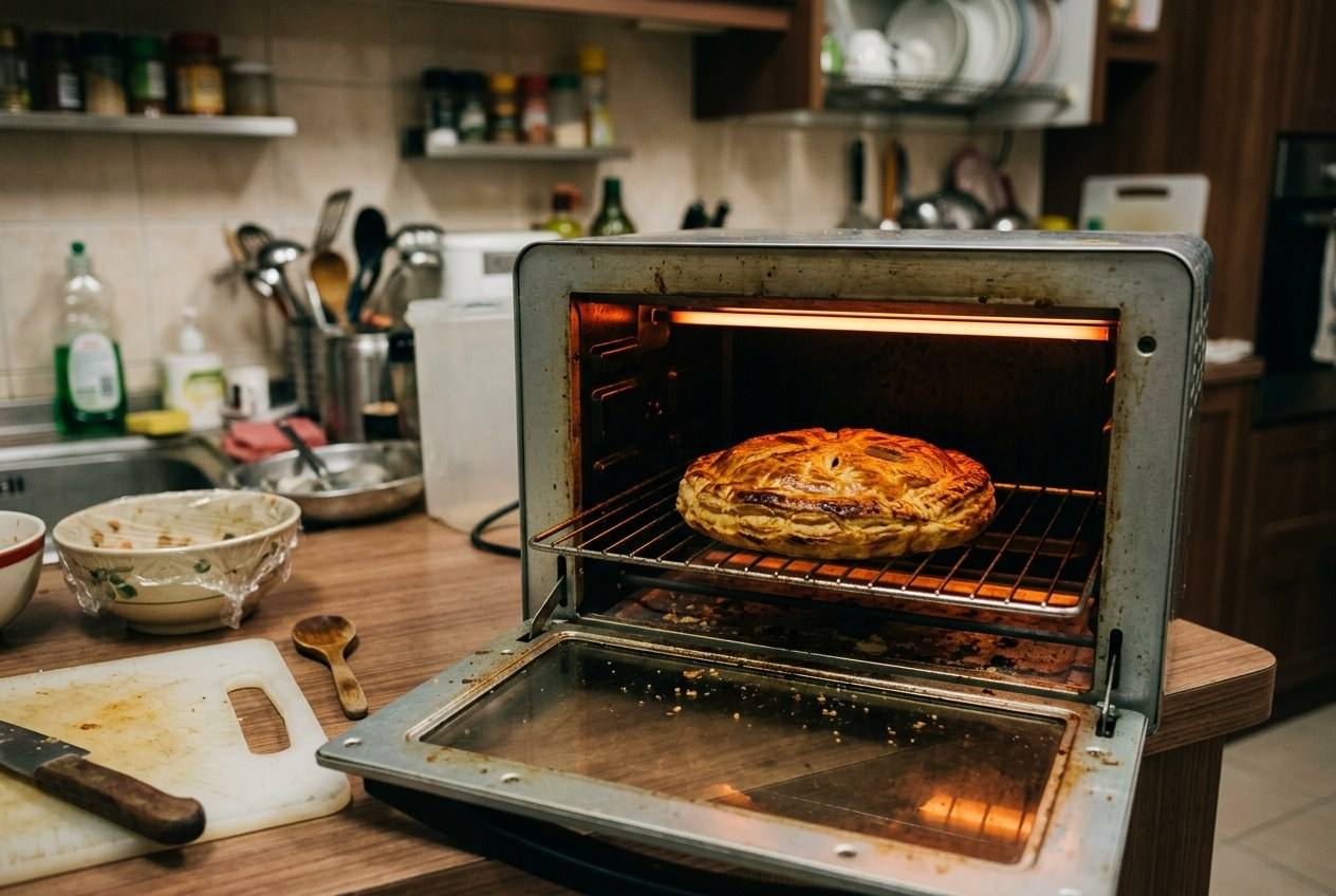 A golden puff pastry chicken pie reheating on the wire rack of a small countertop toaster oven
