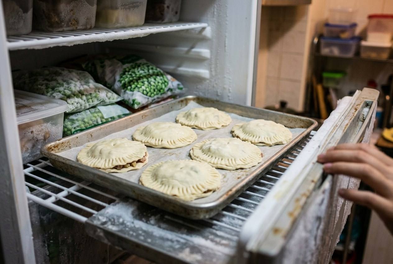 A tray of unbaked, fork-crimped flat puff pastry pies chilling on a shelf in a home freezer