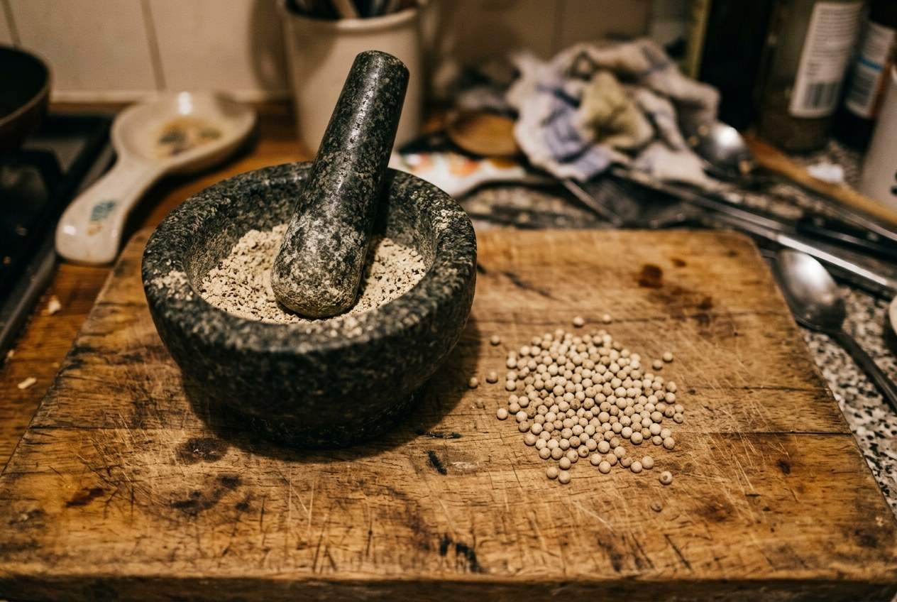 Whole white peppercorns beside a stone mortar of freshly ground white pepper on a wooden board